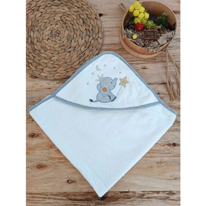 0-1 Yaş Sevimli Fil Nakışlı Pareolu 4Lü Kız Erkek Bebek Havlu Silgi Takımı Ekru