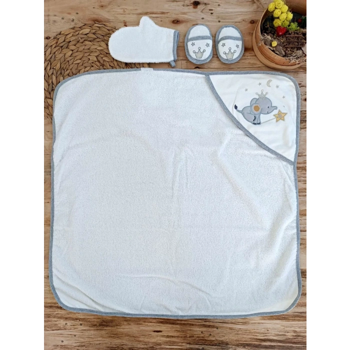 0-1 Yaş Sevimli Fil Nakışlı Pareolu 4Lü Kız Erkek Bebek Havlu Silgi Takımı Ekru