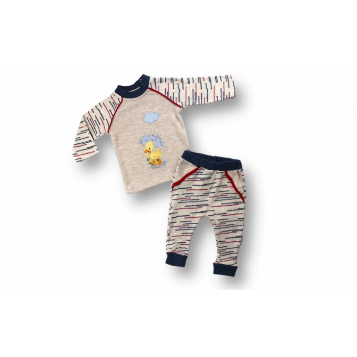 0-3 3-6 6-9 Ay Şemsiyeli Ördek Nakışlı Uzun Kollu Sweatli 2Li Kız-Erkek Bebek Takımı Mavi