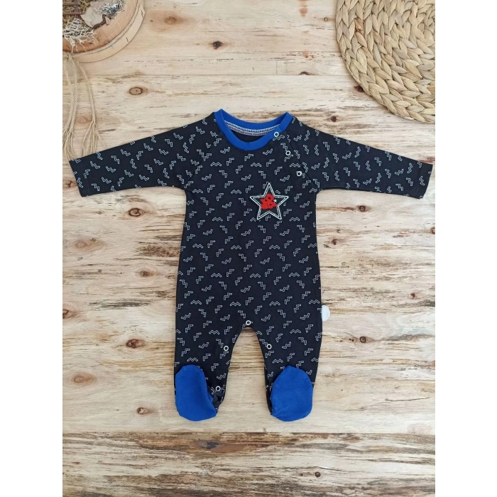 0-3 3-6 6-9 Ay Star Baskılı Çıt Çıt Kapama Erkek Bebek Tulum Siyah