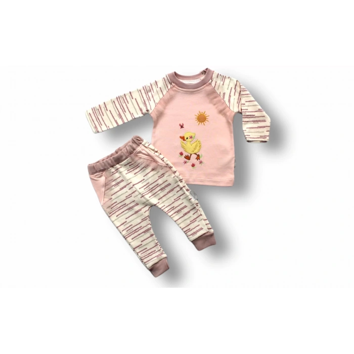 0-3 3-6 6-9 Ay Süslü Ördek Nakışlı Uzun Kollu Sweatli 2Li Kız Bebek Takımı Pembe