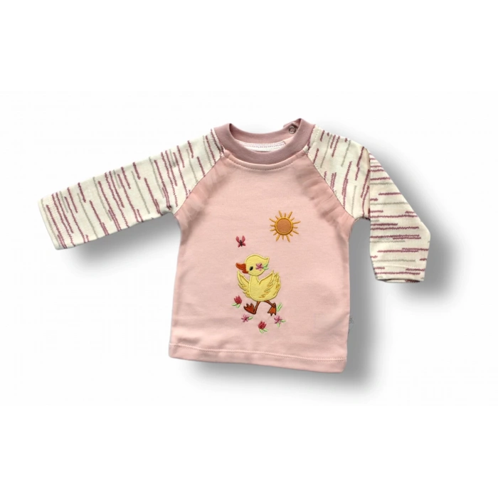 0-3 3-6 6-9 Ay Süslü Ördek Nakışlı Uzun Kollu Sweatli 2Li Kız Bebek Takımı Pembe