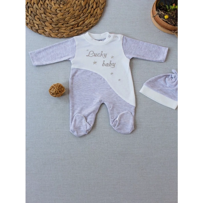 0-3 3-6 Ay Lucky Nakışlı Es Çizgi Boy Şapkalı Erkek Bebek Tulumu Kahvemelanj