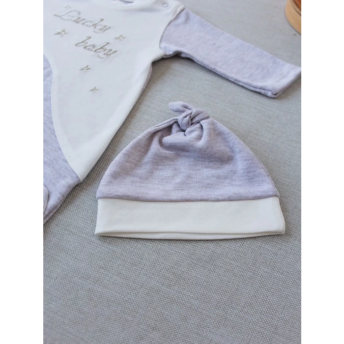 0-3 3-6 Ay Lucky Nakışlı Es Çizgi Boy Şapkalı Erkek Bebek Tulumu Kahvemelanj