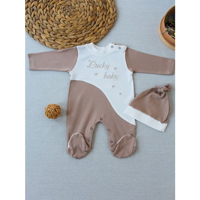 0-3 3-6 Ay Lucky Nakışlı Es Çizgi Boy Şapkalı Erkek Bebek Tulumu Kahverengi