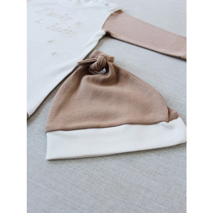 0-3 3-6 Ay Lucky Nakışlı Es Çizgi Boy Şapkalı Erkek Bebek Tulumu Kahverengi