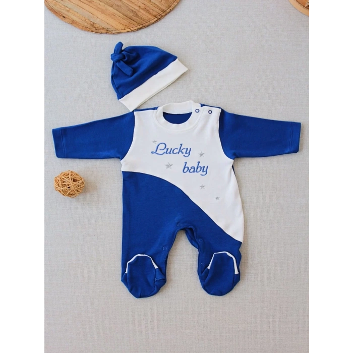 0-3 3-6 Ay Lucky Nakışlı Es Çizgi Boy Şapkalı Erkek Bebek Tulumu Lacivert