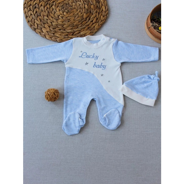 0-3 3-6 Ay Lucky Nakışlı Es Çizgi Boy Şapkalı Erkek Bebek Tulumu Mavi