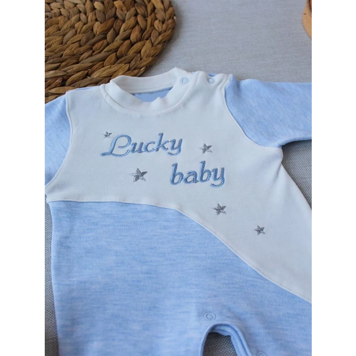 0-3 3-6 Ay Lucky Nakışlı Es Çizgi Boy Şapkalı Erkek Bebek Tulumu Mavi