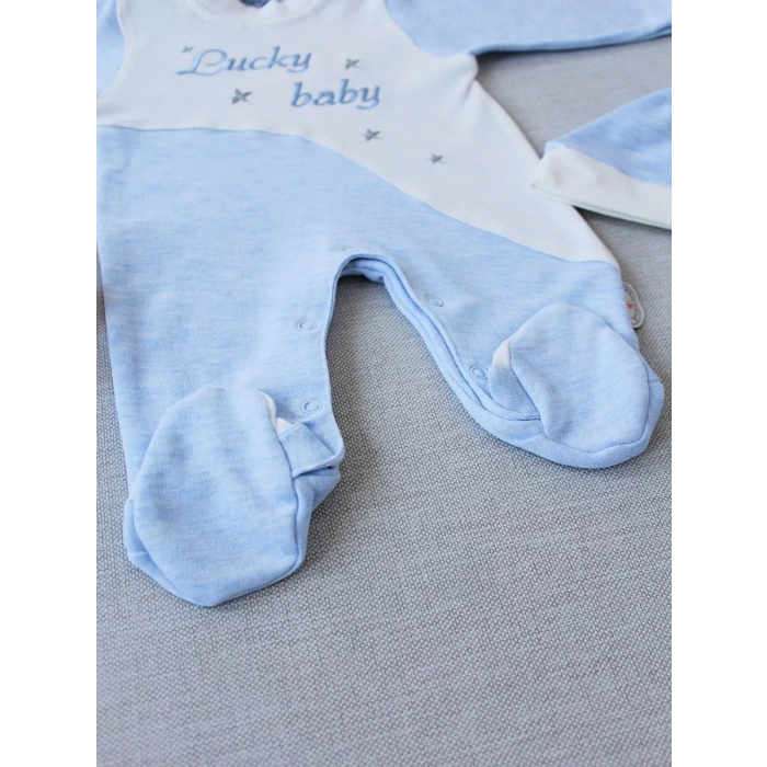 0-3 3-6 Ay Lucky Nakışlı Es Çizgi Boy Şapkalı Erkek Bebek Tulumu Mavi