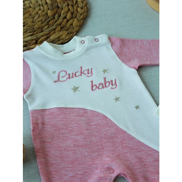 0-3 3-6 Ay Lucky Nakışlı Es Çizgi Boy Şapkalı Kız Bebek Tulumu Pembe