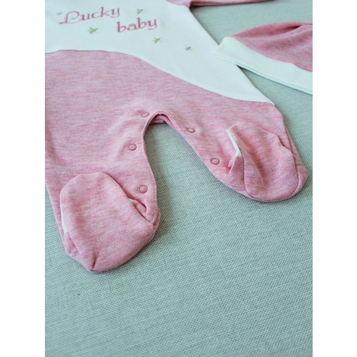 0-3 3-6 Ay Lucky Nakışlı Es Çizgi Boy Şapkalı Kız Bebek Tulumu Pembe