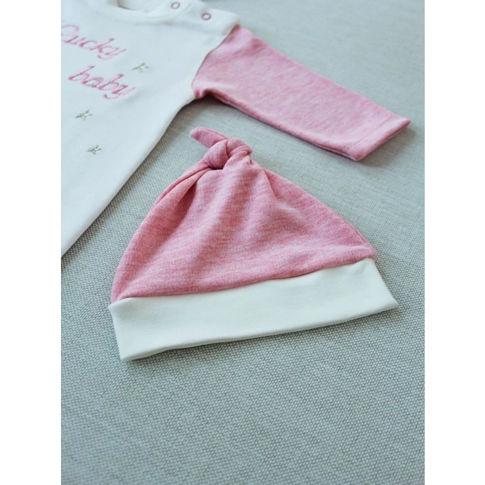 0-3 3-6 Ay Lucky Nakışlı Es Çizgi Boy Şapkalı Kız Bebek Tulumu Pembe