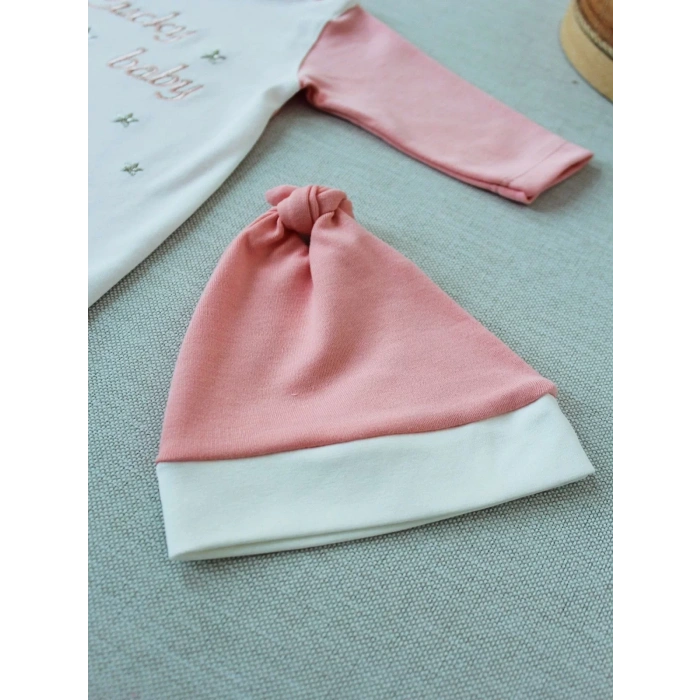 0-3 3-6 Ay Lucky Nakışlı Es Çizgi Boy Şapkalı Kız Bebek Tulumu Pudra