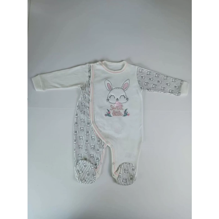0-3 3-6 Ay Minik Tavşan Nakışlı Boydan Çıtçıt Kapamalı Kız Erkek Bebek Tulumu Ekru