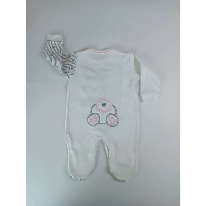 0-3 3-6 Ay Minik Tavşan Nakışlı Boydan Çıtçıt Kapamalı Kız Erkek Bebek Tulumu Ekru