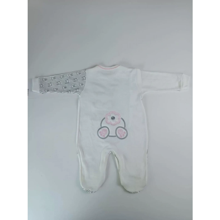 0-3 3-6 Ay Minik Tavşan Nakışlı Boydan Çıtçıt Kapamalı Kız Erkek Bebek Tulumu Ekru