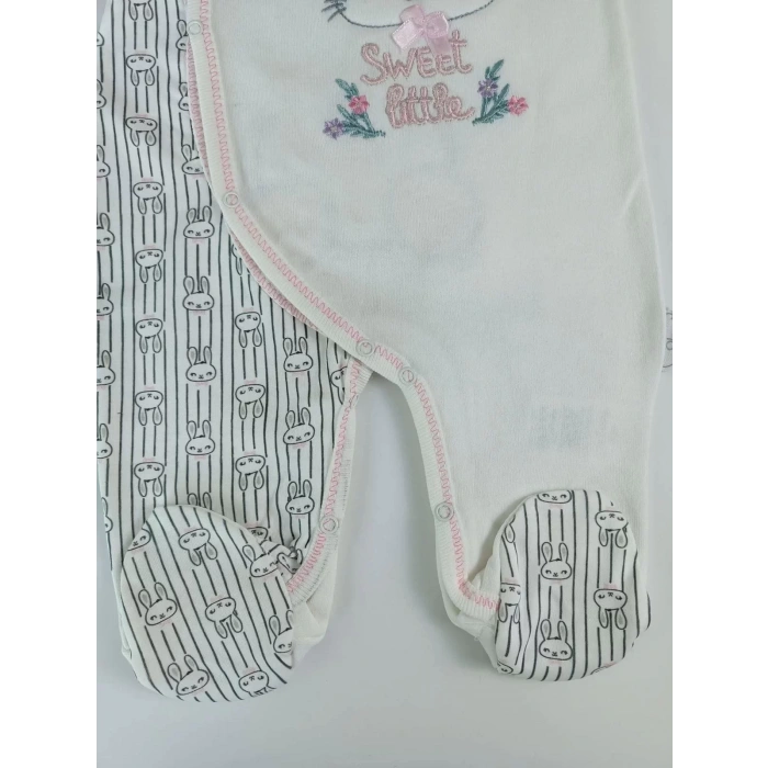 0-3 3-6 Ay Minik Tavşan Nakışlı Boydan Çıtçıt Kapamalı Kız Erkek Bebek Tulumu Ekru