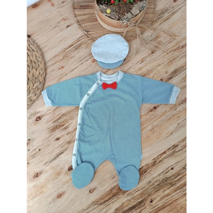 0-3 3-6 Ay Papyonlu Çizgi Desen Çıtçıt Kapama Kasketli Erkek Bebek Tulumu Lacivert