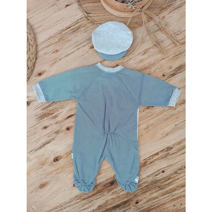 0-3 3-6 Ay Papyonlu Çizgi Desen Çıtçıt Kapama Kasketli Erkek Bebek Tulumu Lacivert