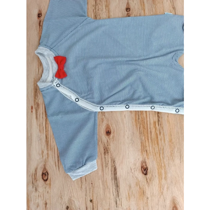 0-3 3-6 Ay Papyonlu Çizgi Desen Çıtçıt Kapama Kasketli Erkek Bebek Tulumu Lacivert