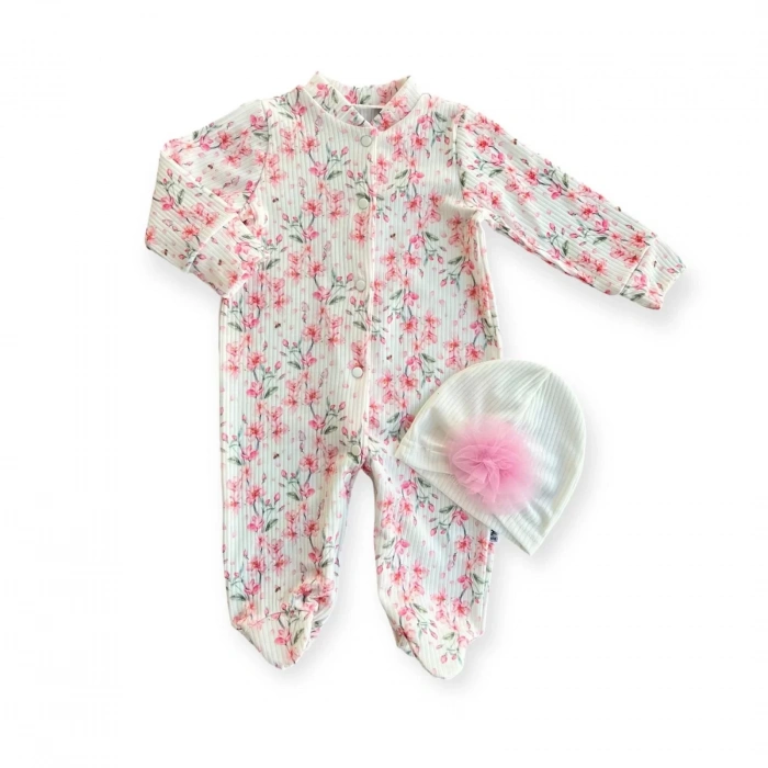 0-3-6-9 Ay Çiçek Baskılı Tam Boy Çıtçıtlı Patikli Güllü Boneli Kız Bebek Tulumu Ekru