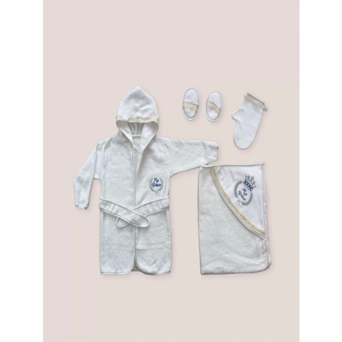 0-6 Ay Kaplan Nakışlı Bornozlu 5Li Erkek Bebek Havlu Silgi Takımı Mavi