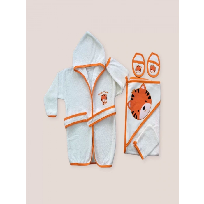 0-6 Ay Kaplan Nakışlı Bornozlu 5Li Erkek Bebek Havlu Silgi Takımı Turuncu