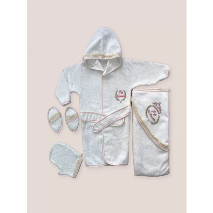 0-6 Ay Kaplan Nakışlı Bornozlu 5Li Kız Bebek Havlu Silgi Takımı Pembe