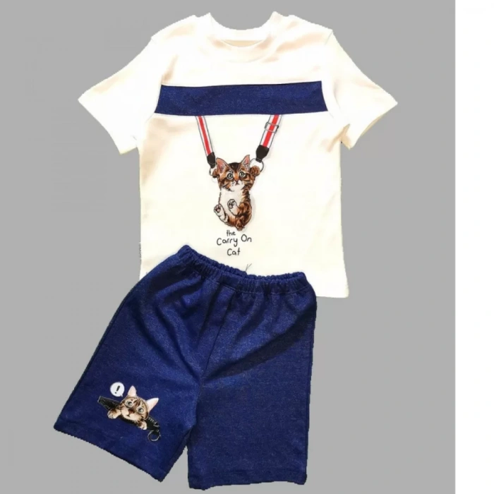 1-2-3 Yaş Fermuarlı Kedi Baskılı Şortlu Kısa Kollu Tişört 2Li Erkek Bebek Takımı İndigo