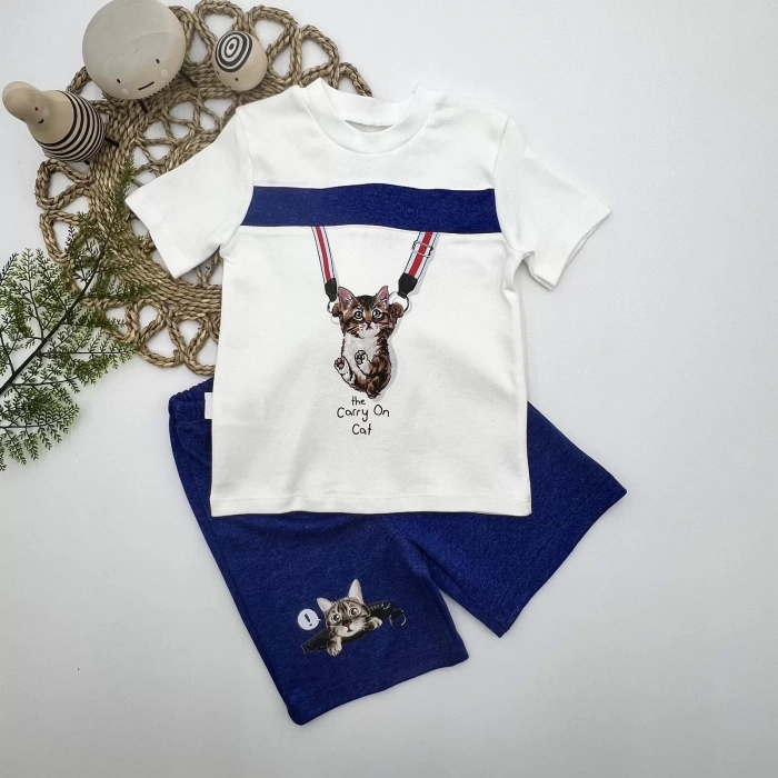 1-2-3 Yaş Fermuarlı Kedi Baskılı Şortlu Kısa Kollu Tişört 2Li Erkek Bebek Takımı İndigo