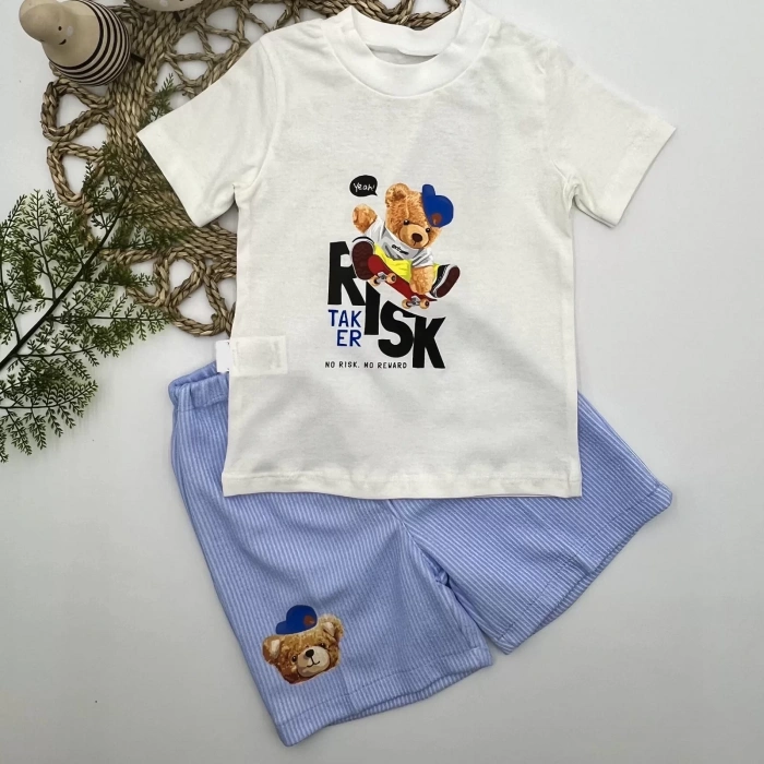 1-2-3 Yaş Kaykaycı Ayı Baskılı Şortlu Kısa Kollu Tişört 2Li Erkek Bebek Takımı Ekru