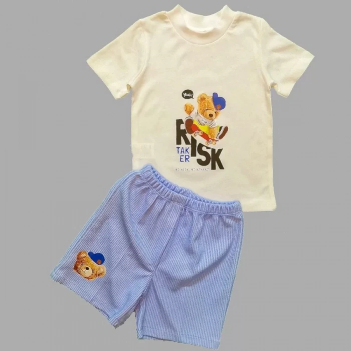 1-2-3 Yaş Kaykaycı Ayı Baskılı Şortlu Kısa Kollu Tişört 2Li Erkek Bebek Takımı Ekru