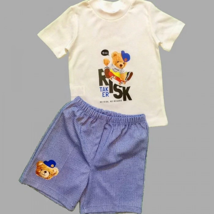 1-2-3 Yaş Kaykaycı Ayı Baskılı Şortlu Kısa Kollu Tişört 2Li Erkek Bebek Takımı İndigo