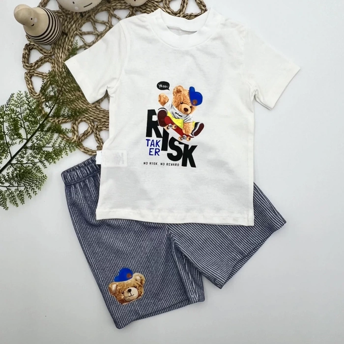 1-2-3 Yaş Kaykaycı Ayı Baskılı Şortlu Kısa Kollu Tişört 2Li Erkek Bebek Takımı İndigo