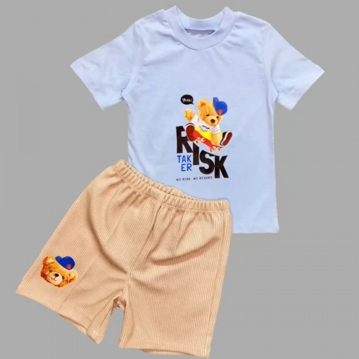 1-2-3 Yaş Kaykaycı Ayı Baskılı Şortlu Kısa Kollu Tişört 2Li Erkek Bebek Takımı Mavi