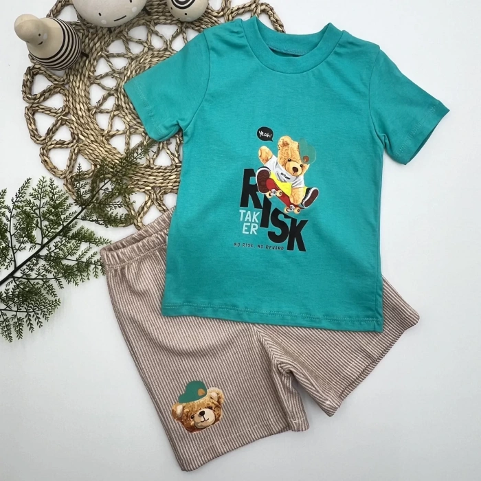 1-2-3 Yaş Kaykaycı Ayı Baskılı Şortlu Kısa Kollu Tişört 2Li Erkek Bebek Takımı Turkuaz
