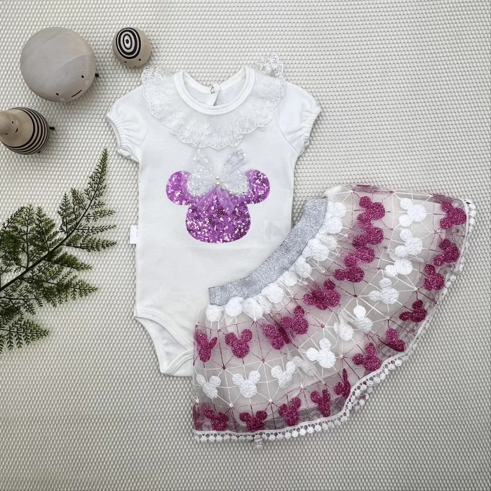 1-2-3 Yaş Payetli Mickey Nakışlı Kısa Kollu Brode Etekli 2Li Kız Bebek Takımı Fuşya