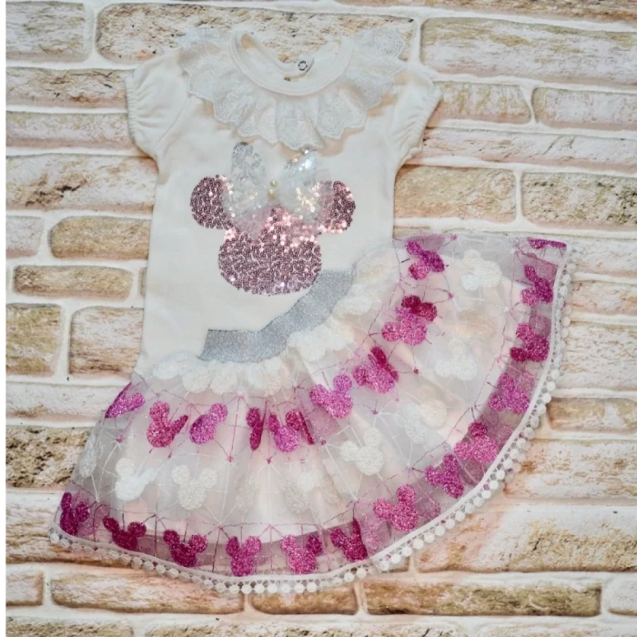 1-2-3 Yaş Payetli Mickey Nakışlı Kısa Kollu Brode Etekli 2Li Kız Bebek Takımı Fuşya