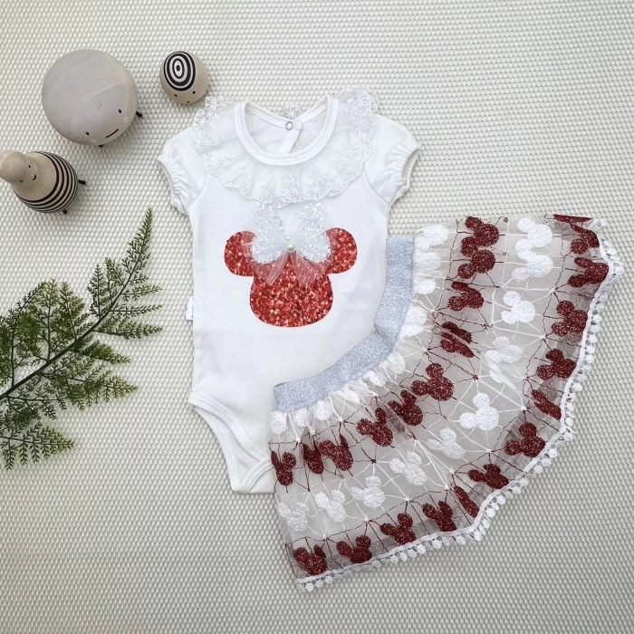 1-2-3 Yaş Payetli Mickey Nakışlı Kısa Kollu Brode Etekli 2Li Kız Bebek Takımı Kırmızı
