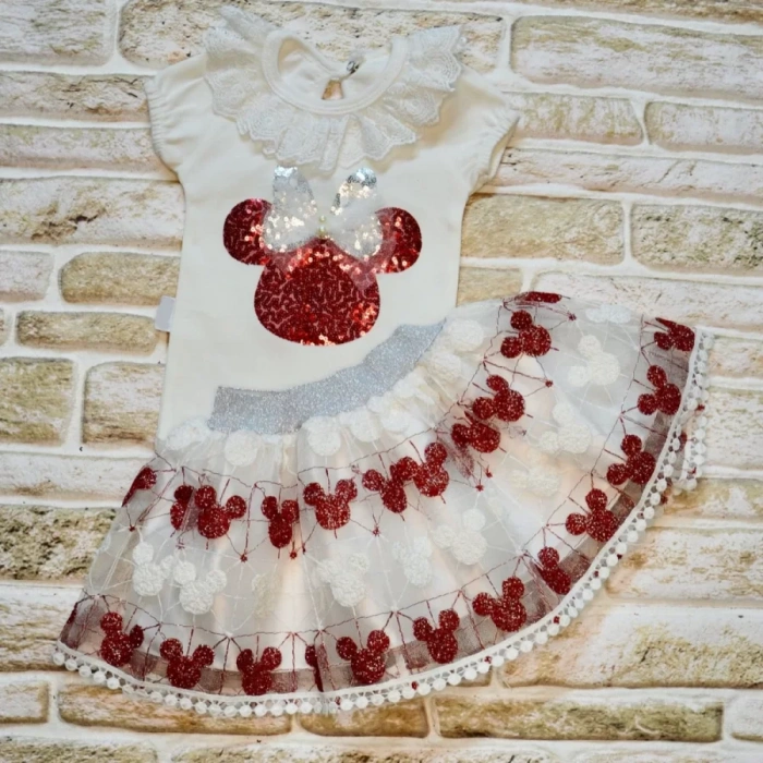 1-2-3 Yaş Payetli Mickey Nakışlı Kısa Kollu Brode Etekli 2Li Kız Bebek Takımı Kırmızı