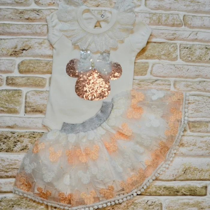 1-2-3 Yaş Payetli Mickey Nakışlı Kısa Kollu Brode Etekli 2Li Kız Bebek Takımı Pudra