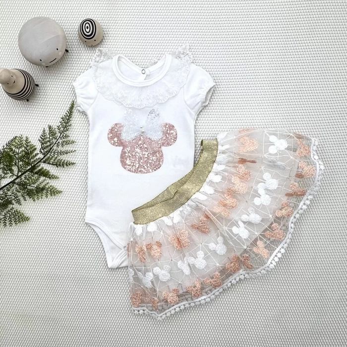 1-2-3 Yaş Payetli Mickey Nakışlı Kısa Kollu Brode Etekli 2Li Kız Bebek Takımı Pudra