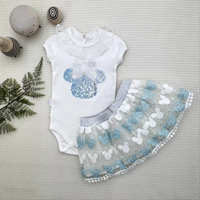1-2-3 Yaş Payetli Mickey Nakışlı Kısa Kollu Brode Etekli 2Li Kız Bebek Takımı Turkuaz