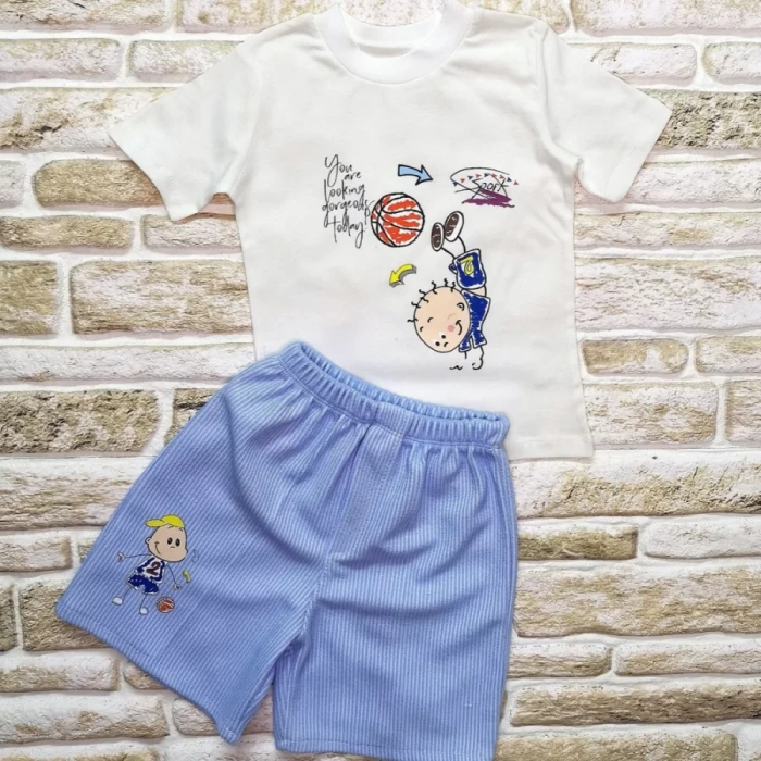 1-2-3 Yaş Topçu Erkek Çocuk Baskılı Şortlu Kısa Kollu Tişört 2Li Erkek Bebek Takımı Beyaz