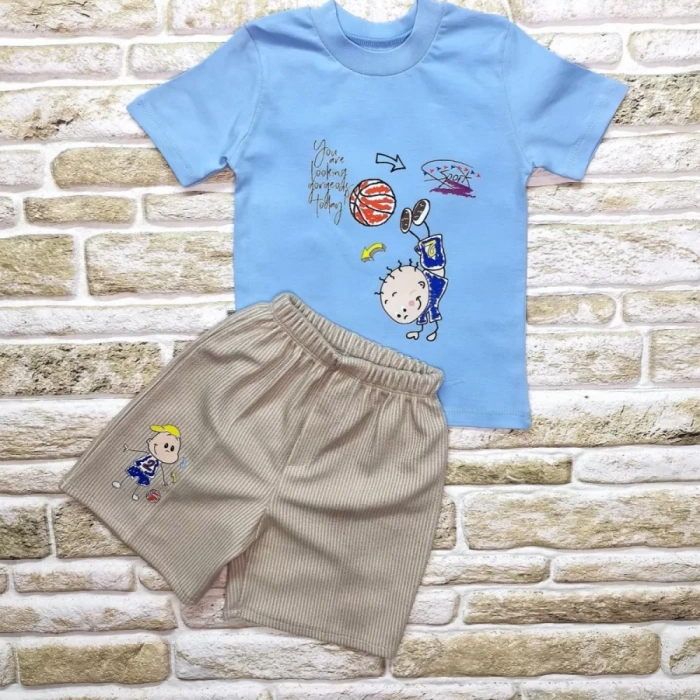 1-2-3 Yaş Topçu Erkek Çocuk Baskılı Şortlu Kısa Kollu Tişört 2Li Erkek Bebek Takımı Mavi