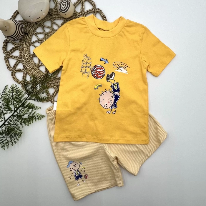 1-2-3 Yaş Topçu Erkek Çocuk Baskılı Şortlu Kısa Kollu Tişört 2Li Erkek Bebek Takımı Sarı