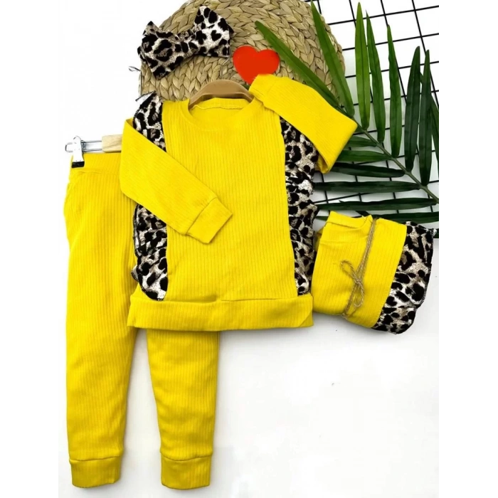 2-3-4-5 Yaş Bandanalı Leopar Baskılı Uzun Kollu 2Li Kız Çocuk Takımı Sarı