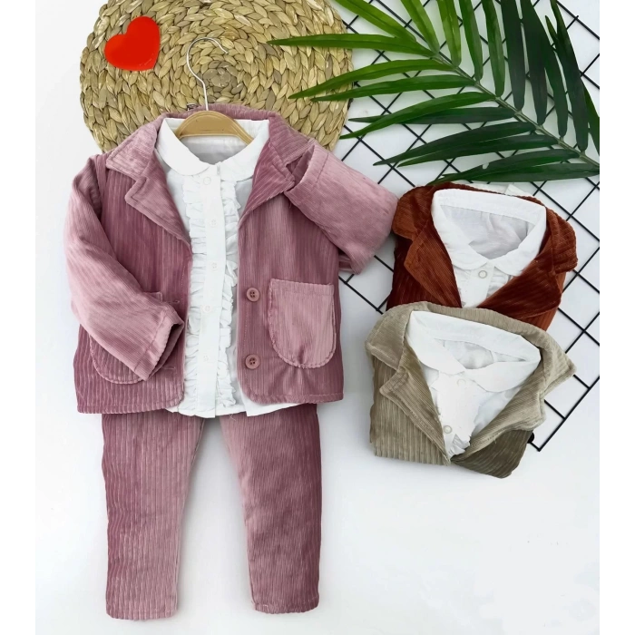 2-3-4-5 Yaş Düğme Kapamalı Fırfır Gömlekli Kadife Ceket Pantolon 3Lü Kız Bebek Takımı Bej