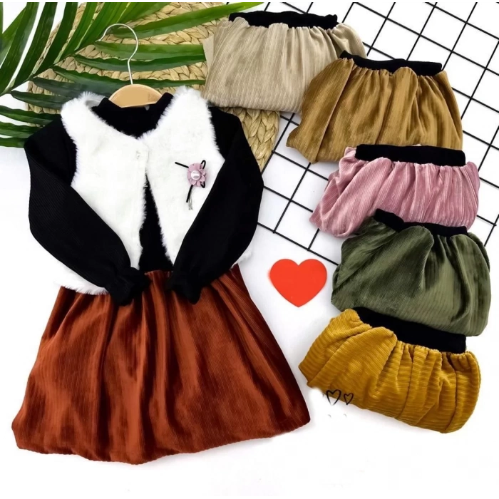 2-3-4-5 Yaş Kadife Etekli Tüylü Yelek Uzun Kollu Siyah Sweat 3Lü Kız Bebek Takımı Kahverengi